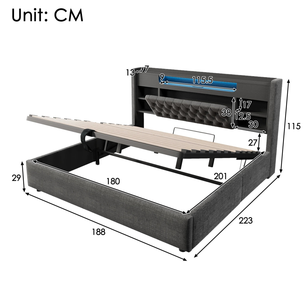 Letto 180x200 cm con contenitore idraulico, LED e USB-C in lino grigio