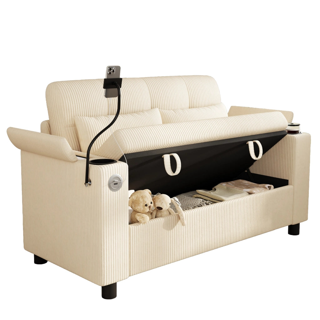 Divano 2 posti con contenitore e USB/Type-C in velluto a coste beige