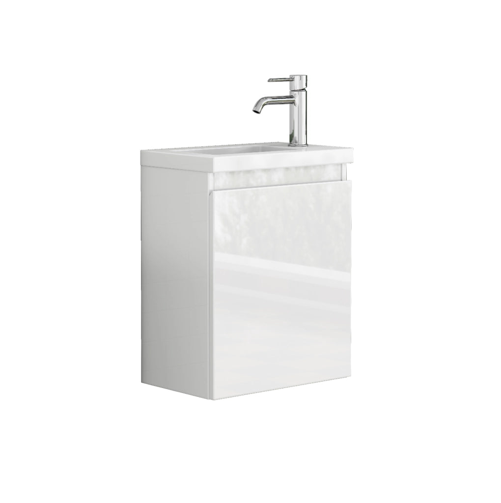 Mobile bagno sospeso 40 cm bianco lucido con lavabo in ceramica e specchio, design senza maniglie con cerniere ammortizzate, preassemblato