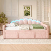 Letto Giorno con Letto Estraibile e LED Multicolore, Velluto Rosa, 90x200 cm (180x200 cm)