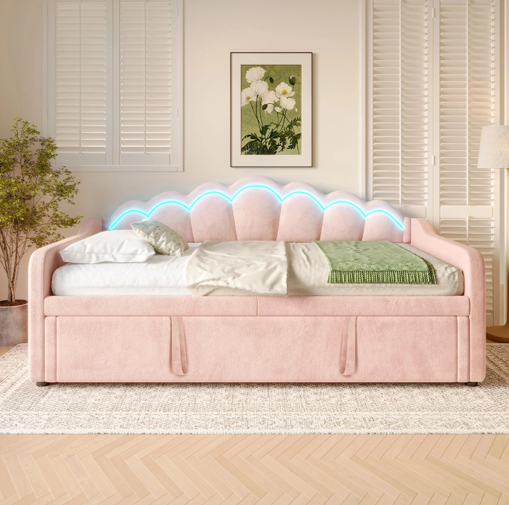 Letto Giorno con Letto Estraibile e LED Multicolore, Velluto Rosa, 90x200 cm (180x200 cm)