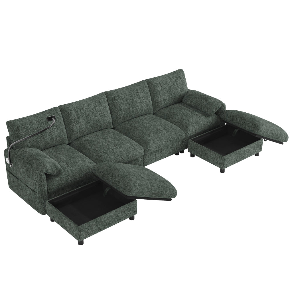 Divano modulare 6 posti a L/U con pouf contenitore; USB e Type-C; chenille verde
