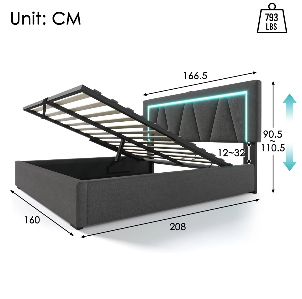 Letto matrimoniale contenitore 160x200 cm con materasso; LED; USB e Type-C grigio HOMVRA