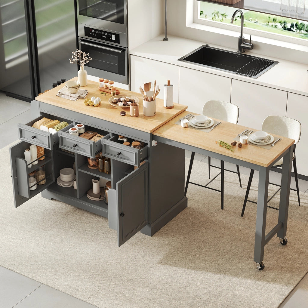 Isola da cucina su ruote con piano estraibile laterale da 112 a 188 cm; portaspezie e cassetti; grigio
