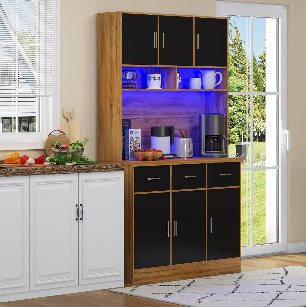 Mobile buffet 100x40x180 cm naturale e nero in MDF, LED e prese