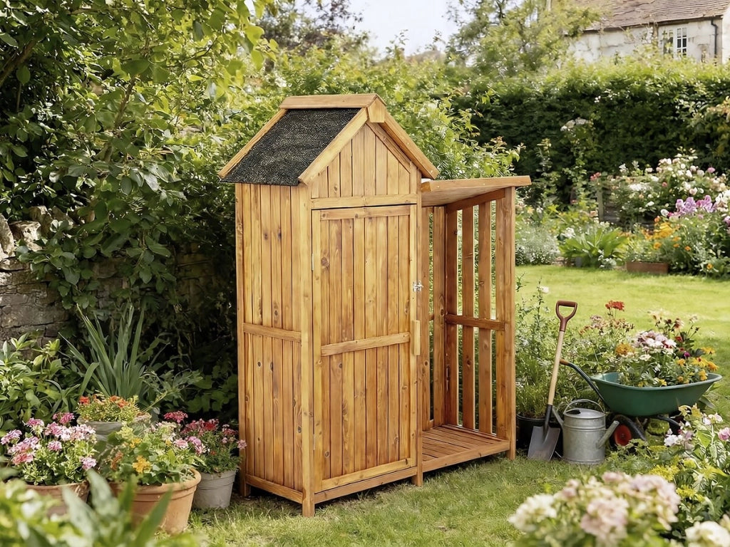 Armadio da giardino in legno con porta-legna "Noé" - 136 x 57 x 170 cm - Marrone