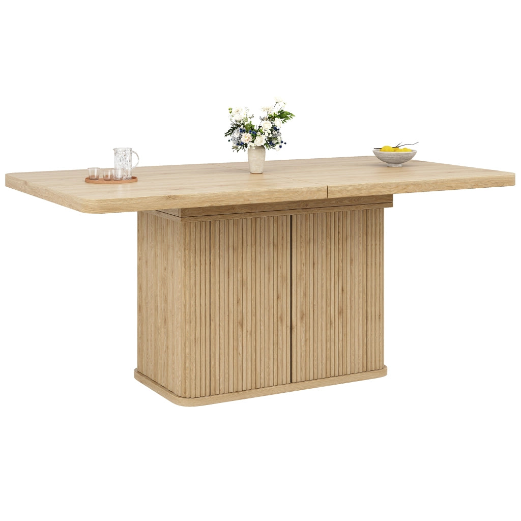 Tavolo da Pranzo Allungabile 140-180x80 cm con Vano Nascosto LEMONMAX; Ante Scanalate; Piedini Regolabili; MDF Effetto Legno Chiaro; H 76;5 cm