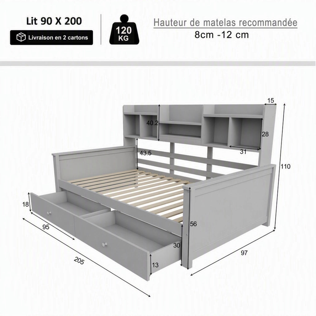 Letto singolo a divano 90 ¡Á 200 cm in legno grigio con cassetti vani laterali e rete a doghe