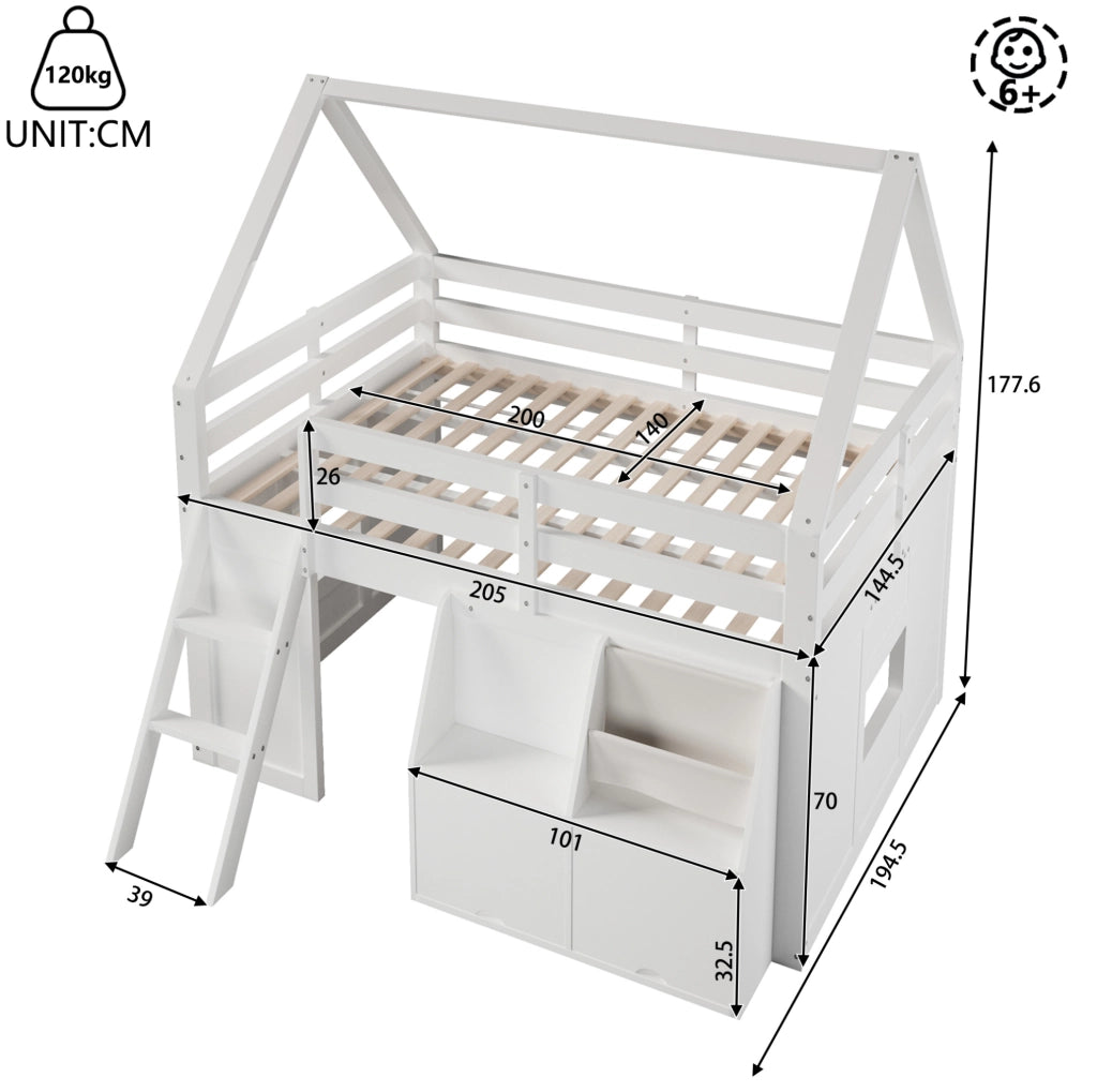 Letto a soppalco per bambini 140x200 cm a casetta con scala; LED e contenitori bianco HOMVRA