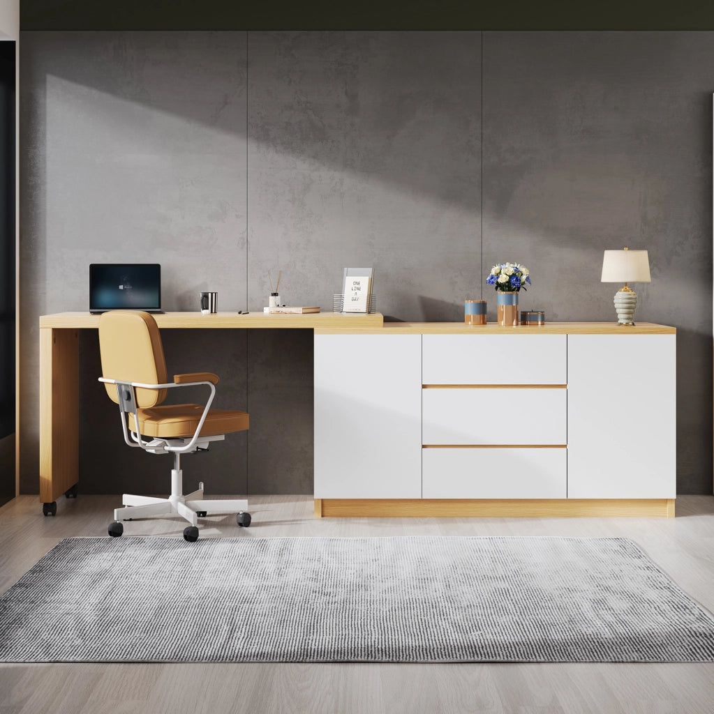 Scrivania girevole 360° 120x50x76;5 cm con 3 cassetti e 2 ante in truciolare bianco e rovere