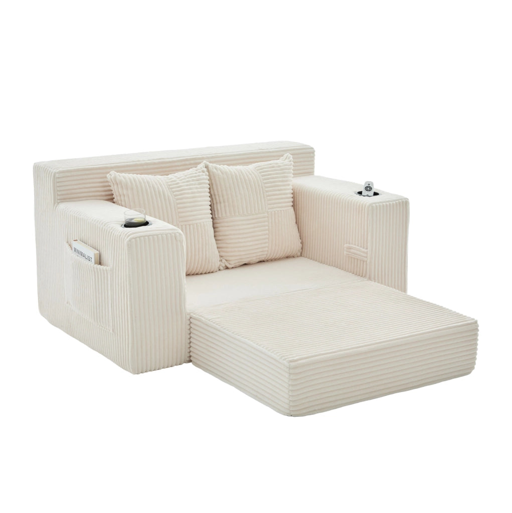Divano pouf ULEVR in velluto a coste beige con 2 cuscini, braccioli, tasche laterali e poggiapiedi