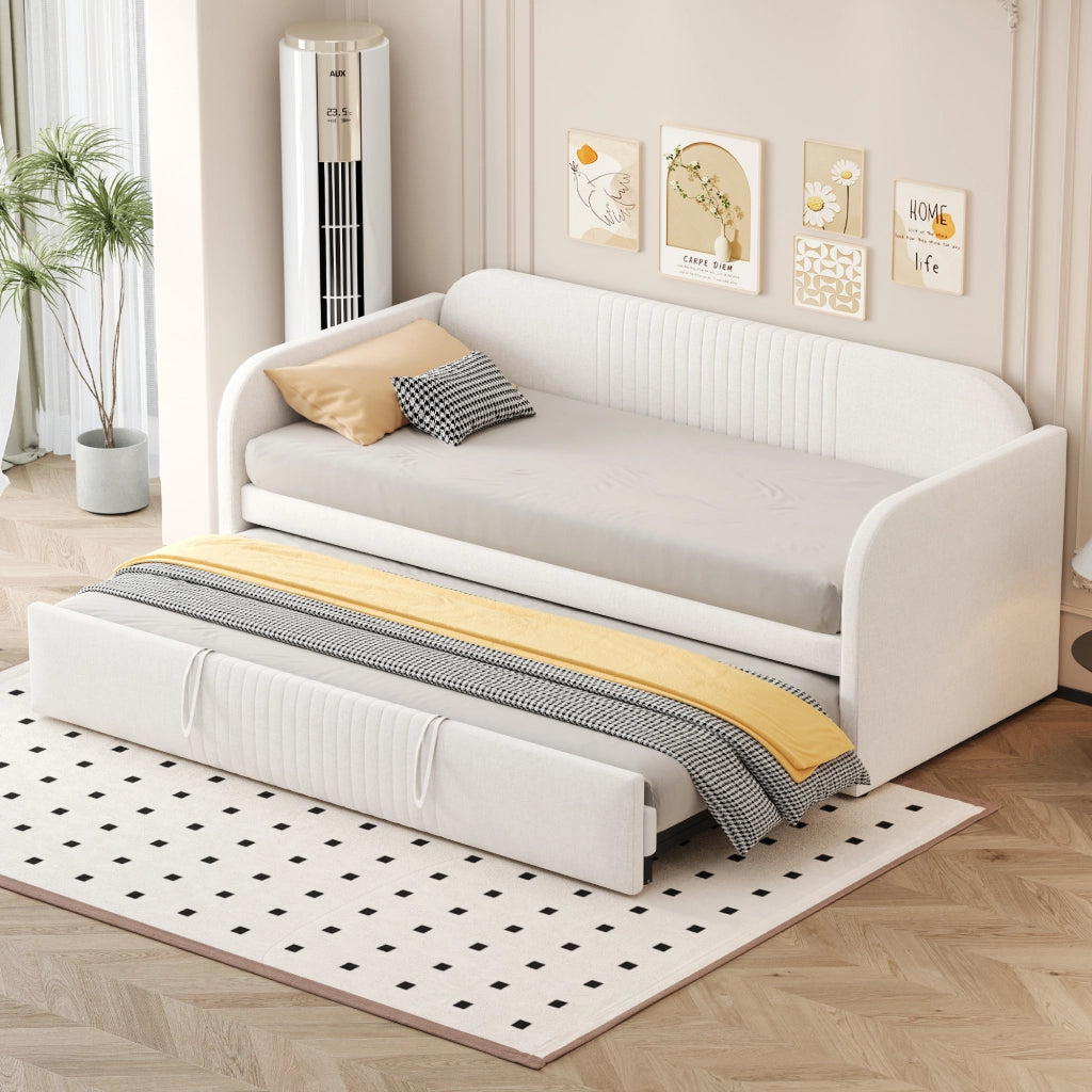 Divano letto imbottito 90x190 cm allungabile a 180x190 cm; beige; con rete a doghe