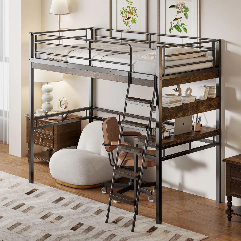 Letto a soppalco 90 × 200 cm con scrivania e scaffali in metallo e MDF nero con scala e sponde