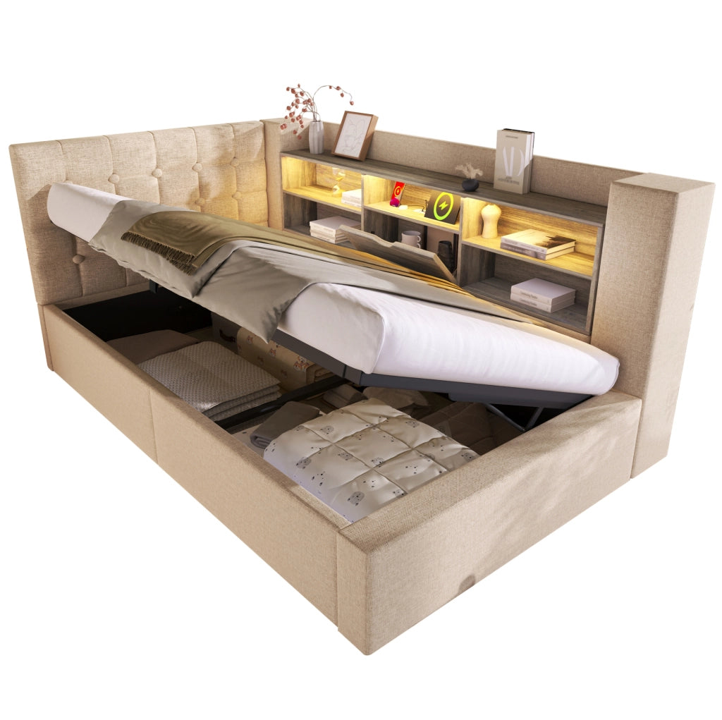 Letto singolo 90x200 cm con contenitore idraulico; LED e materasso H3 beige HOMVRA