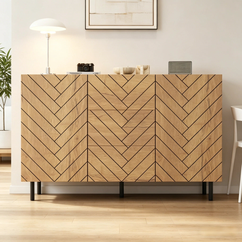 Madia soggiorno 3 cassetti e 2 ante in pannello truciolare effetto legno naturale e nero 120 × 40 × 76 cm