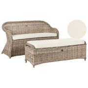 Panca da giardino 150 cm con poggiapiedi in rattan naturale bianco sporco Cuscini per esterni interni Giardino Patio Balcone