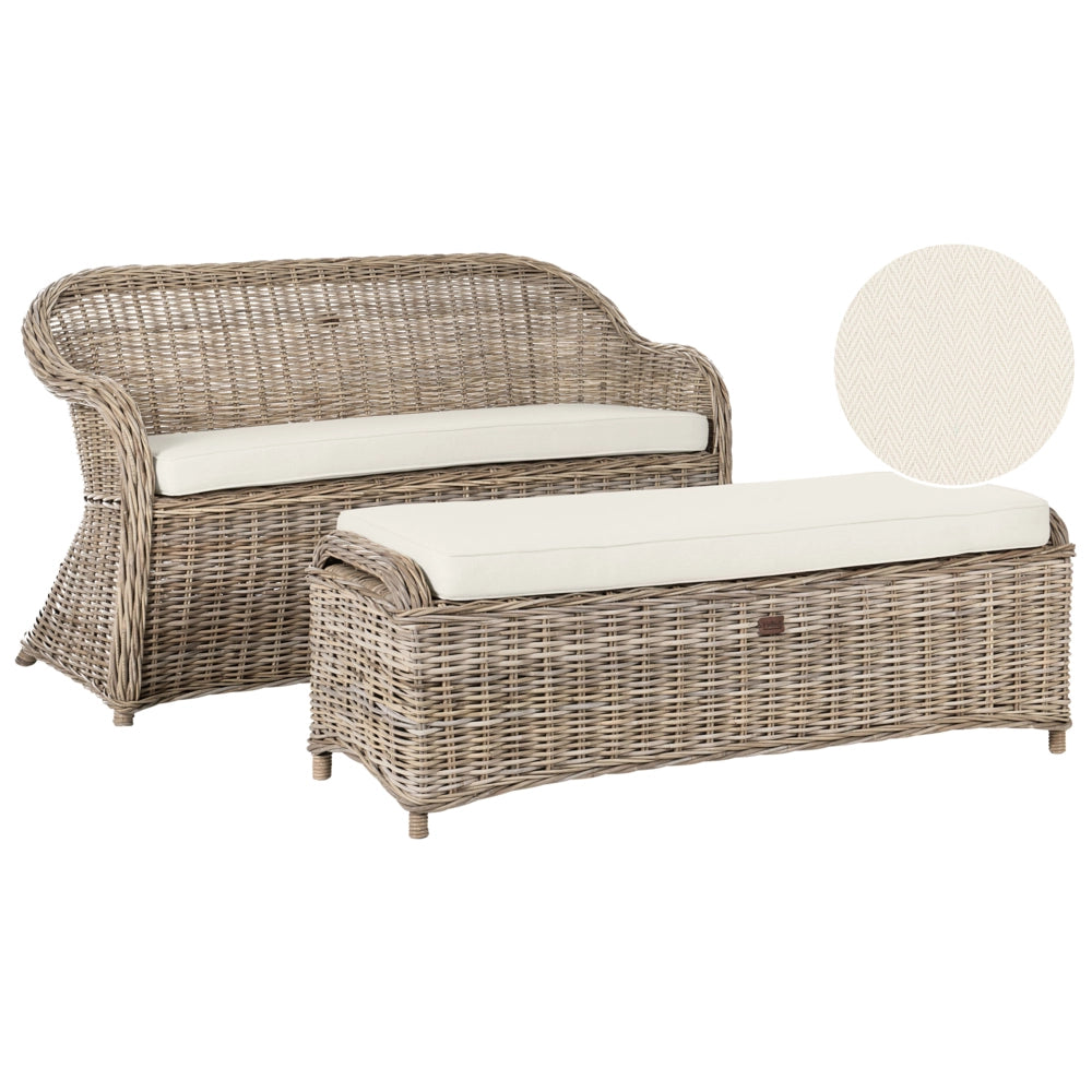 Panca da giardino 150 cm con poggiapiedi in rattan naturale bianco sporco Cuscini per esterni interni Giardino Patio Balcone