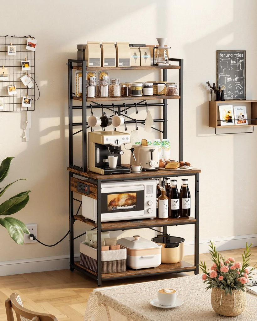 Scaffale da Cucina per Microonde HBJ-GW-03 Mobile Portaoggetti con Presa Integrata Ripiani e Ganci Marrone Vintage 80x40x161,8 cm