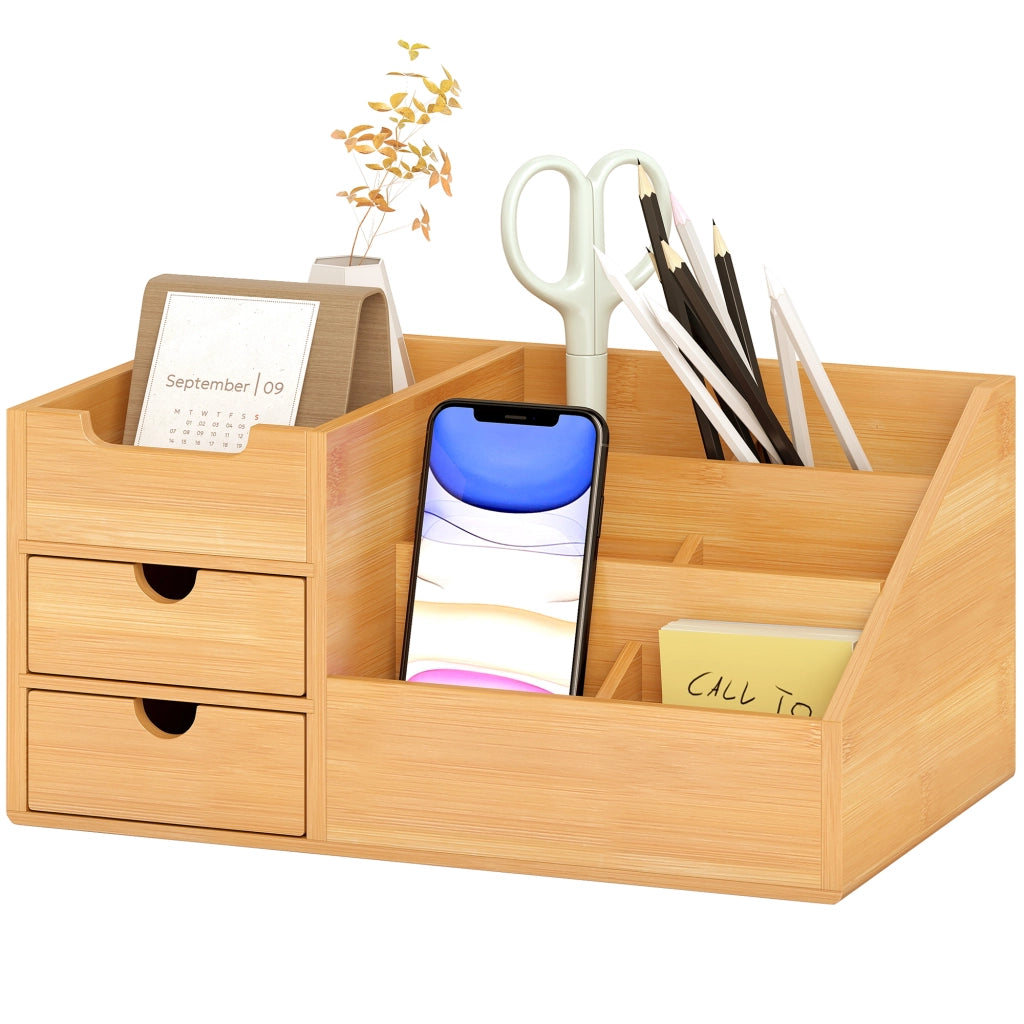Organizer da Scrivania in Bamb¨´ con 2 Cassetti e 7 Scomparti Portaoggetti, 33x20.5x15.5 cm