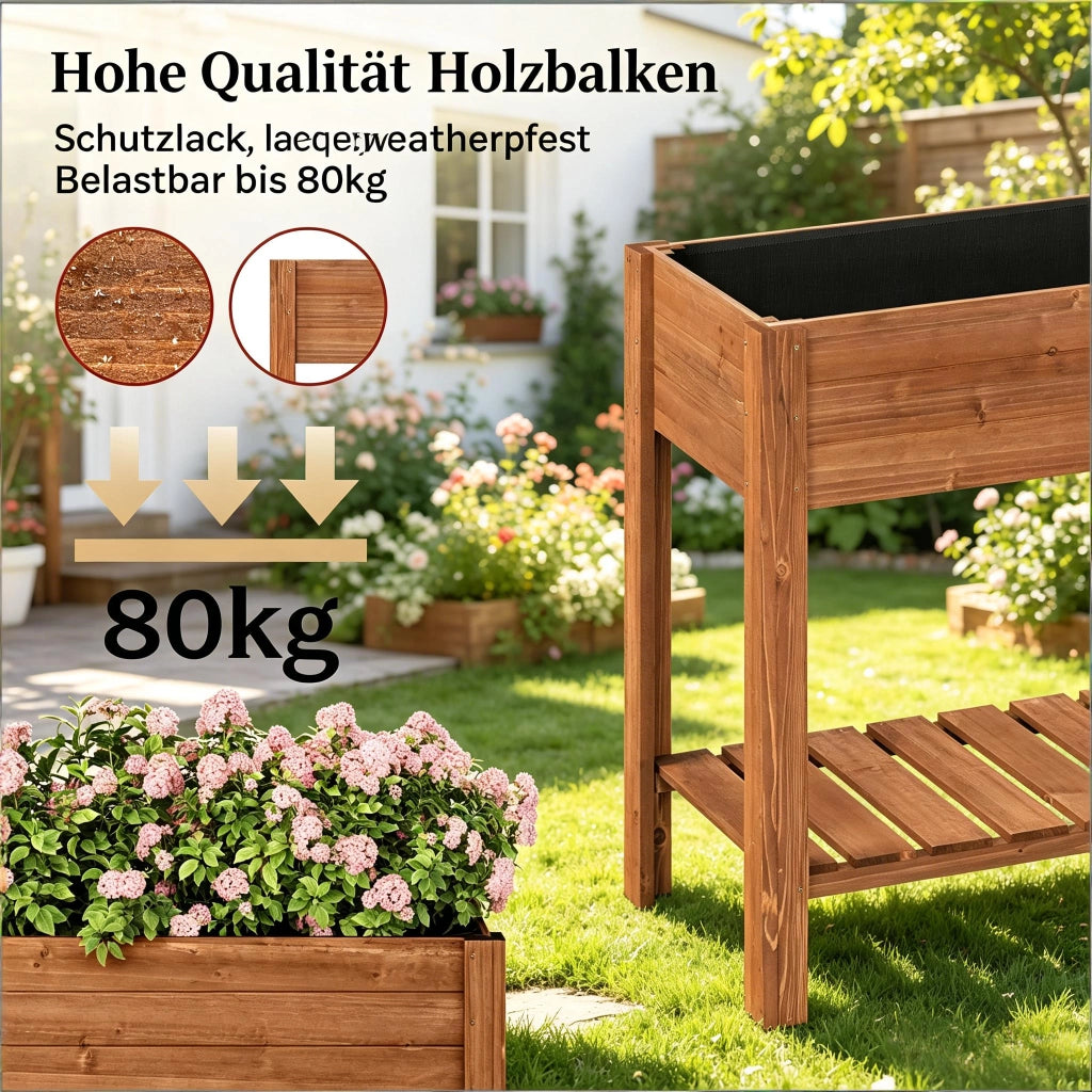 Fioriera rialzata in legno con ripiano portaoggetti per balcone terrazza e giardino marrone 80 × 75 × 40 cm