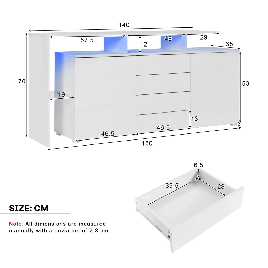 Comò e Sideboard con LED, Mobile Soggiorno Bianco Lucido, Credenza TV, Highboard Multiuso per Sala da Pranzo