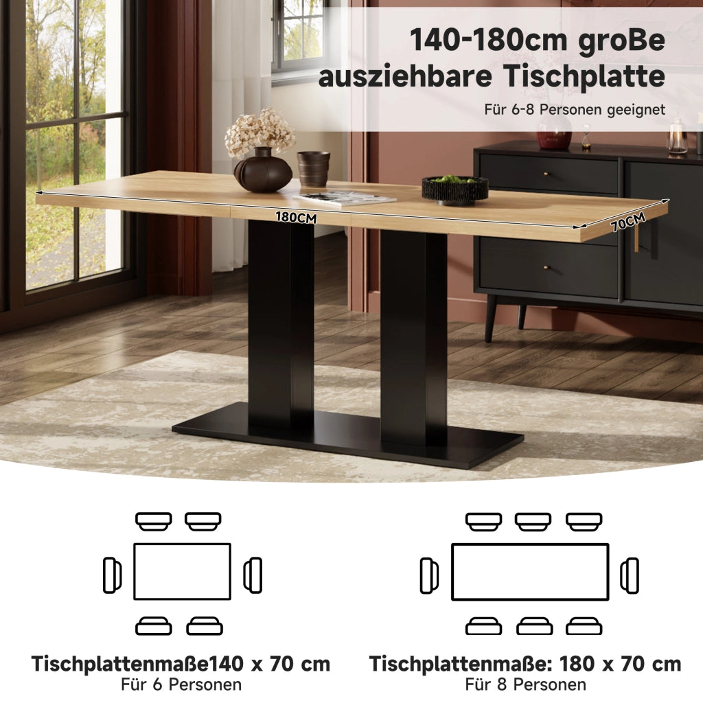 Tavolo da pranzo allungabile 140/180x70 cm, MDF, per 6-8 persone, design semplice, colore legno naturale