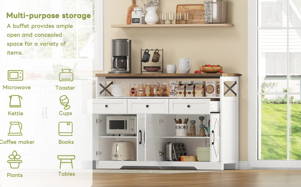 Buffet rustico 140 cm con 3 cassetti, ante con ripiani e vano aperto, mobile contenitore per cucina, soggiorno e ingresso bianco/marrone