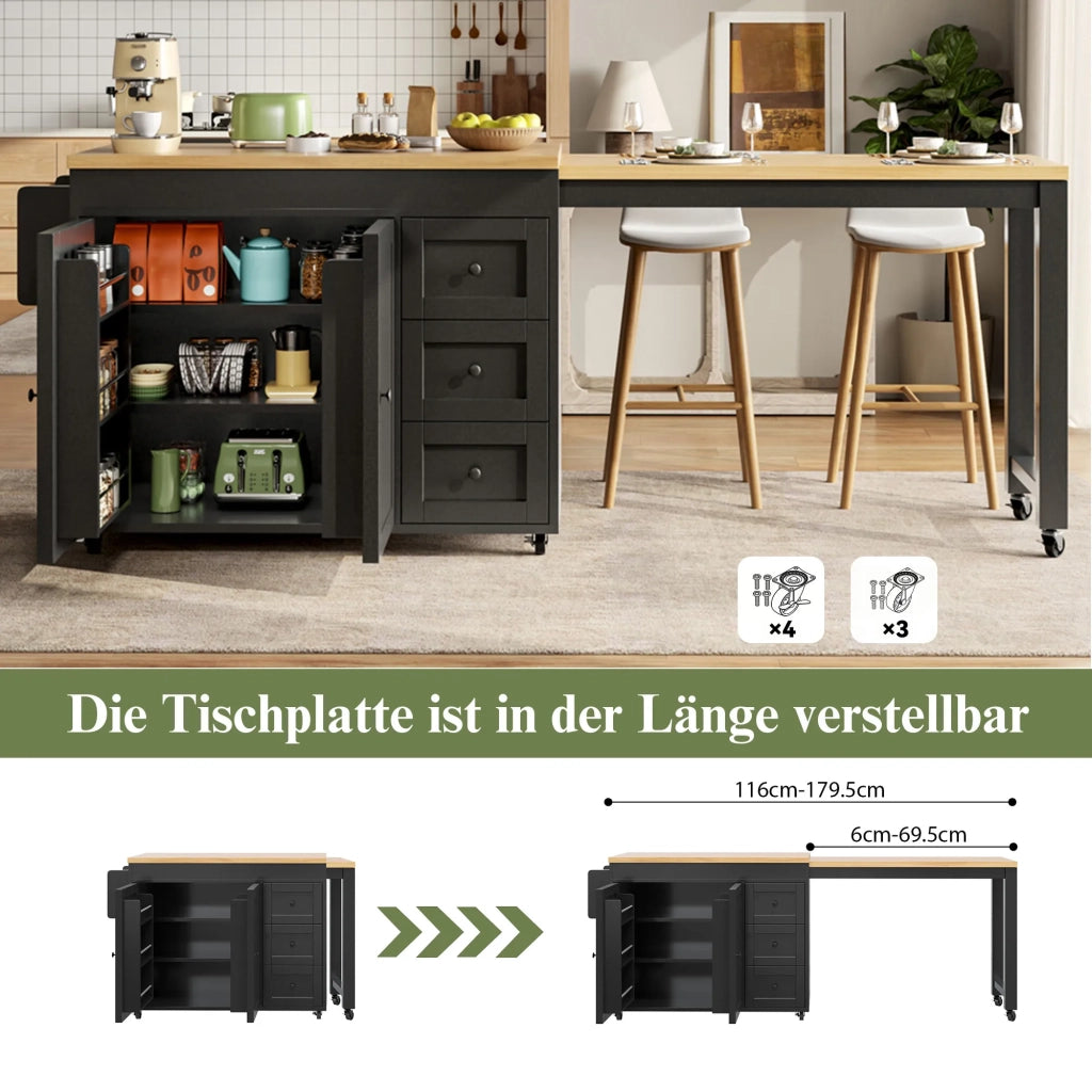 Isola Cucina Estraibile con Spazio Contenitore 116–179,5 cm, Piano Estensibile fino a 69,5 cm, 3 Cassetti, Mensole Snack Laterali e Ruote, Bianco/Nero