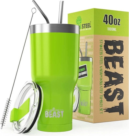 Thermosbeker 1100 ml, aroma di limone, tazza termica completa per un uso singolo con 2 beccucci e spazzola di pulizia, tazza a doppia parete in acciaio inossidabile, ideale per caffè o caffè freddo.