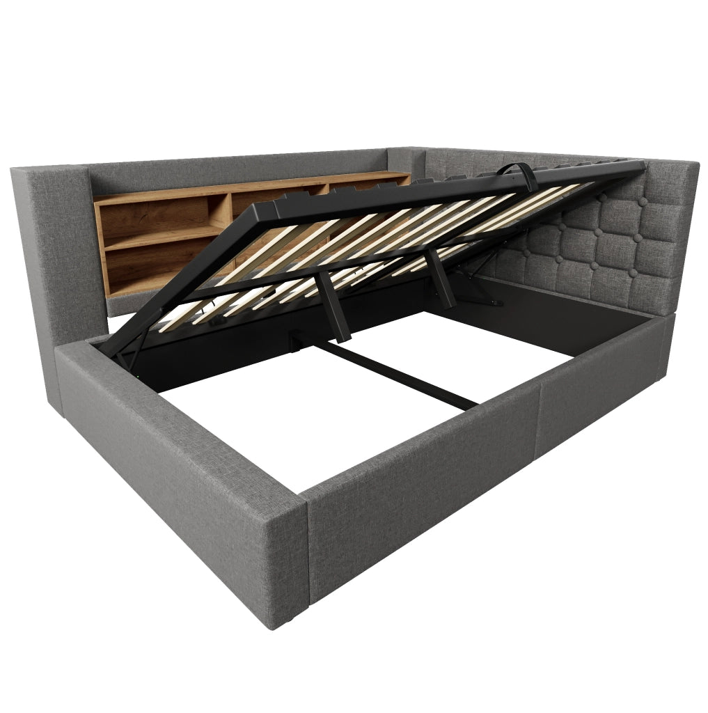 Letto 140x200 cm con contenitore idraulico; LED e porte USB in lino grigio