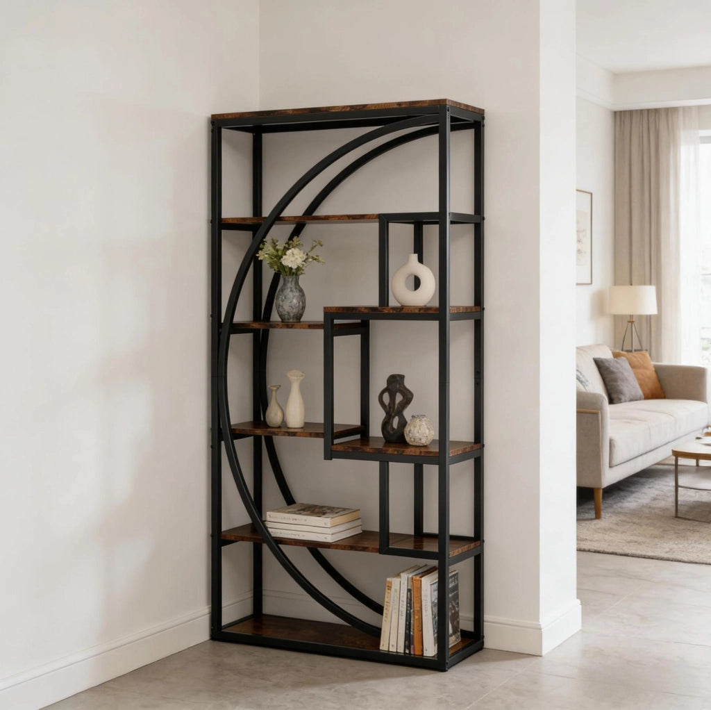 Libreria geometrica a 6 livelli in metallo e legno
