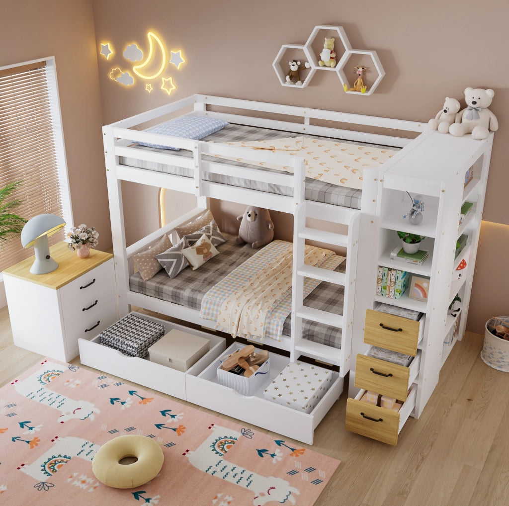 Letto a castello 90x200 cm in legno massello e MDF con cassetti e scaffale laterale; bianco e naturale
