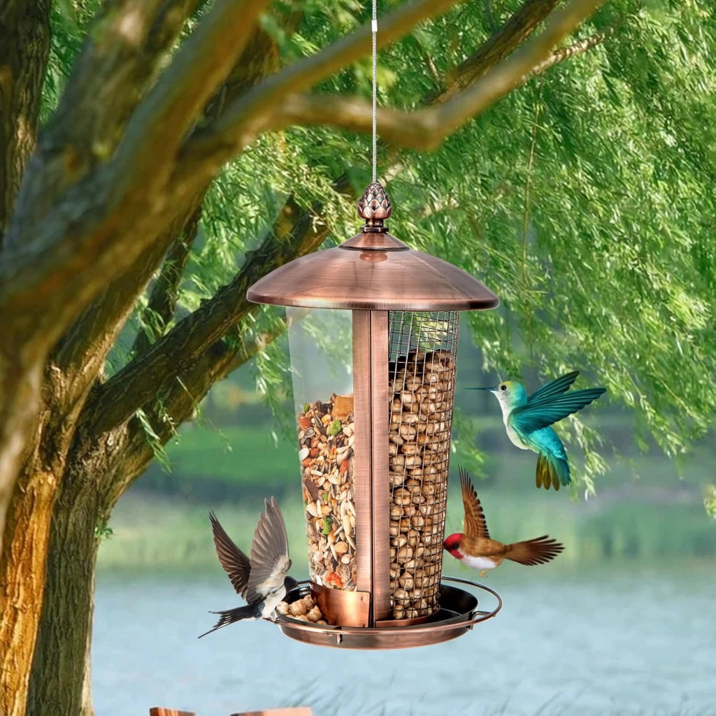 2 in 1 Mangiatoia per Uccelli con 2 Tubi, Mangiatoia per Uccelli da Appendere all'Aperto in Metallo Resistente alle Intemperie, Decorazione per Giardino e Portico