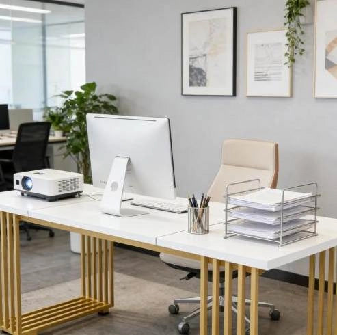 Scrivania da ufficio classica bianca e oro 180x79x78 cm per computer e lavoro
