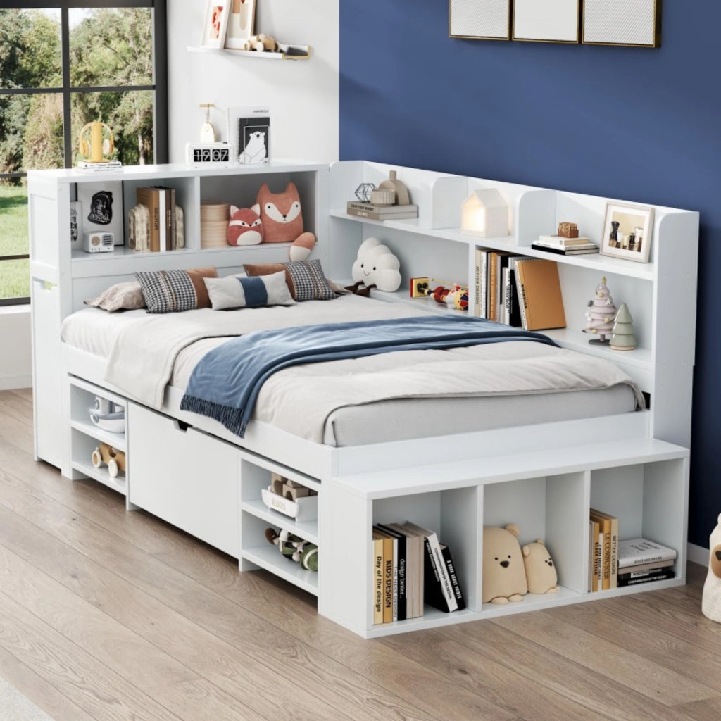 Letto con cassetti 90 × 200 cm con armadio e libreria in compensato bianco