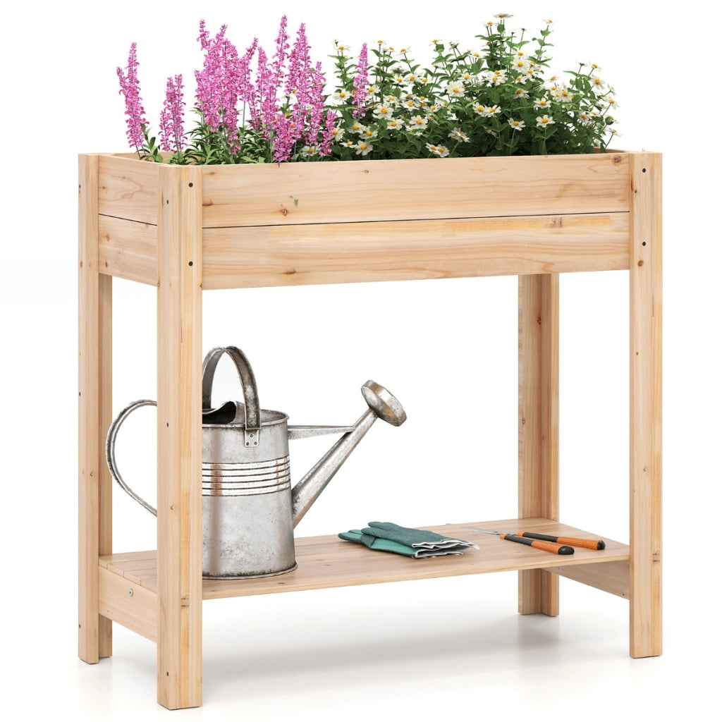 Letto da giardino rialzato in legno con gambe per fiori erbe, Fioriera elevata con mensola di stoccaggio Naturale