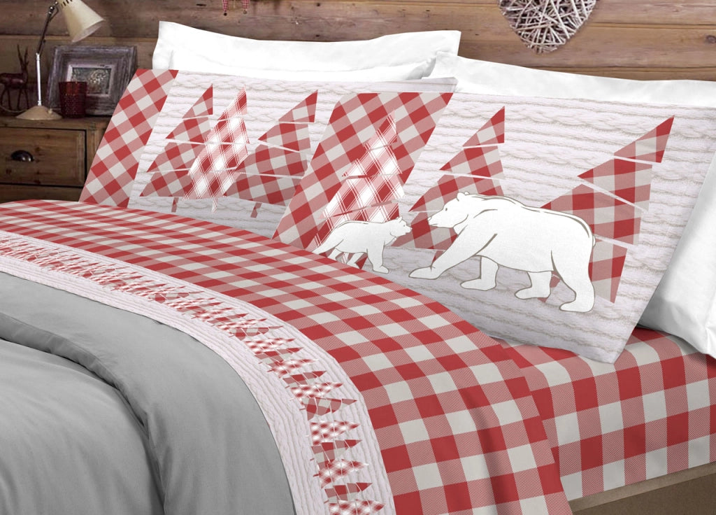 Completo Lenzuola Flanella Pensieri Delicati 100% Cotone Disegno Canada - Matrimoniale - Rosso