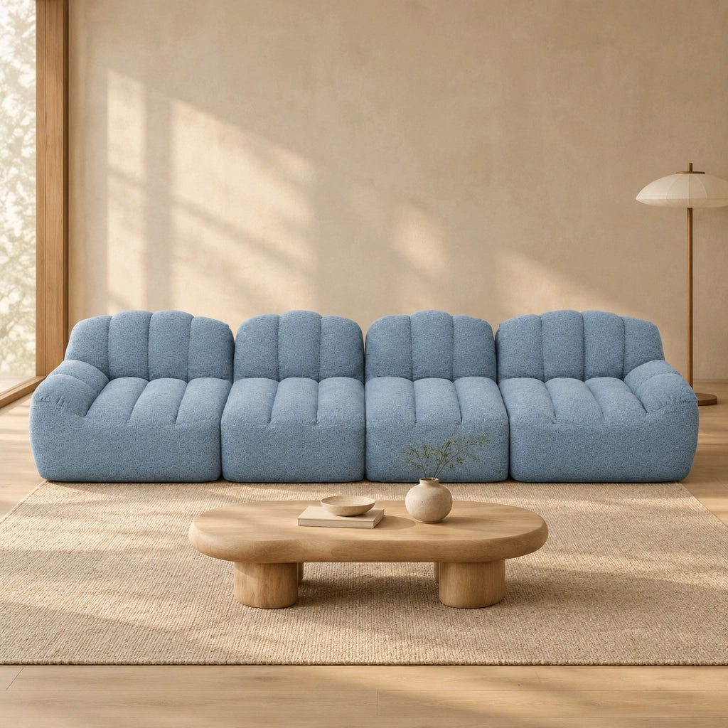 Divano modulare 366x104x79 cm in tessuto blu, 4 posti, senza montaggio