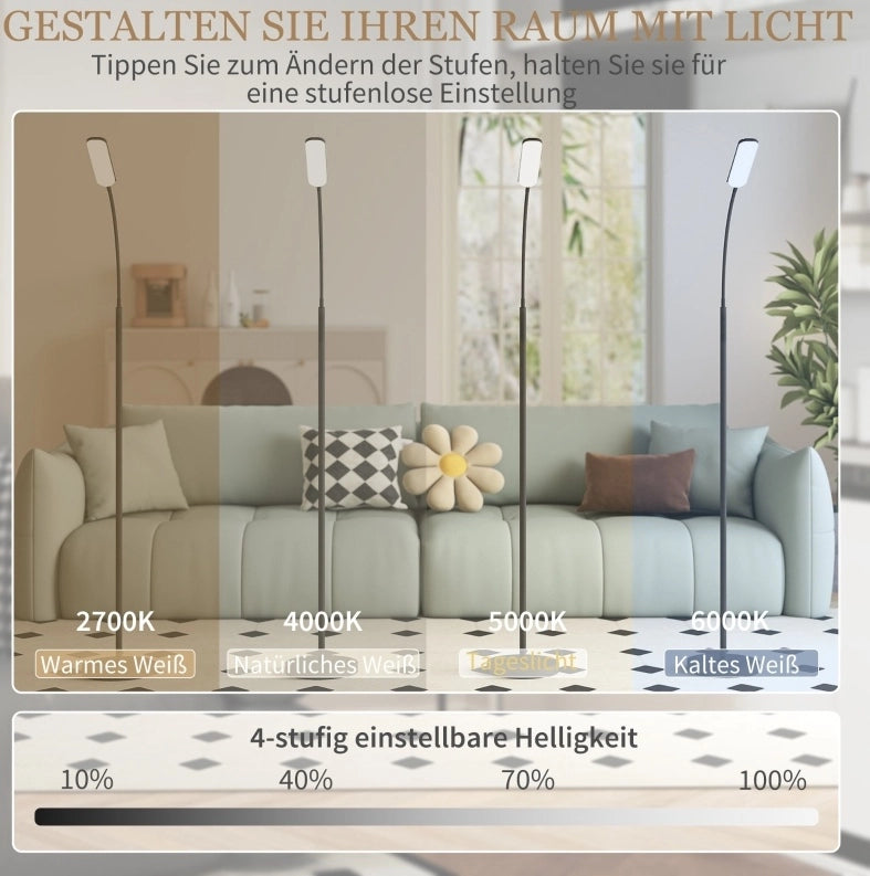 Lampada da terra LED ULEVR dimmerabile 175 cm con telecomando, touch, collo d'oca orientabile 360¡ã e timer