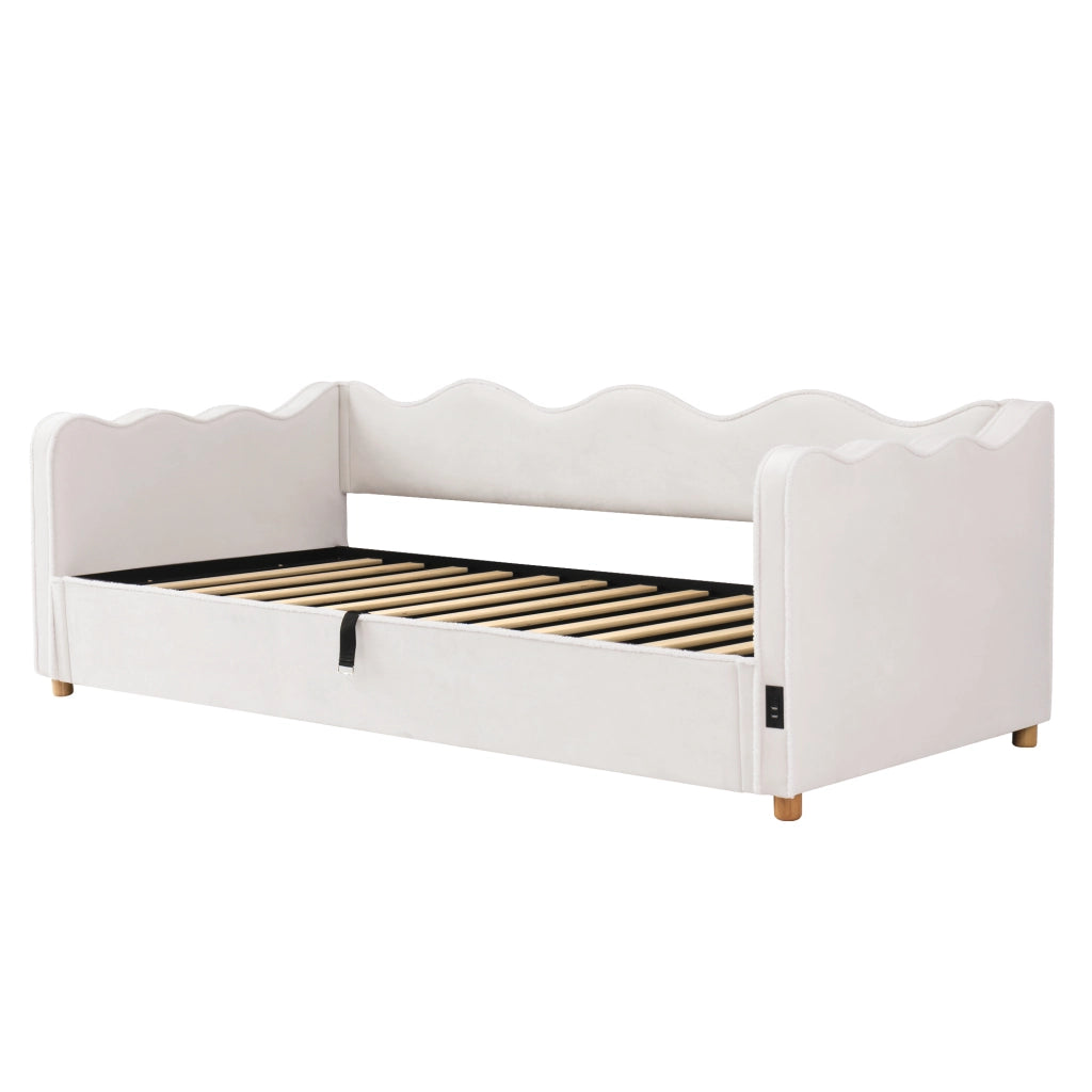 Letto contenitore singolo 90 × 200 cm con vano idraulico, USB e porta USB-C, senza materasso, velluto beige