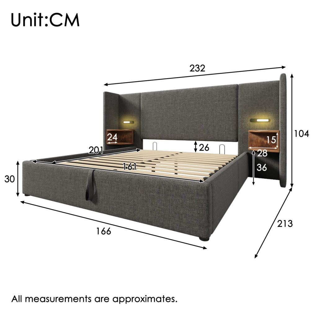 Letto imbottito 160x200 cm grigio con vano contenitore, luce LED, USB e Type-C