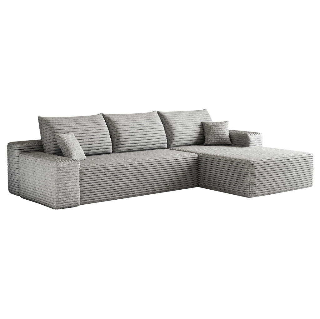 Divano modulare angolare grigio 270 cm con chaise longue a L in velluto a coste, senza montaggio