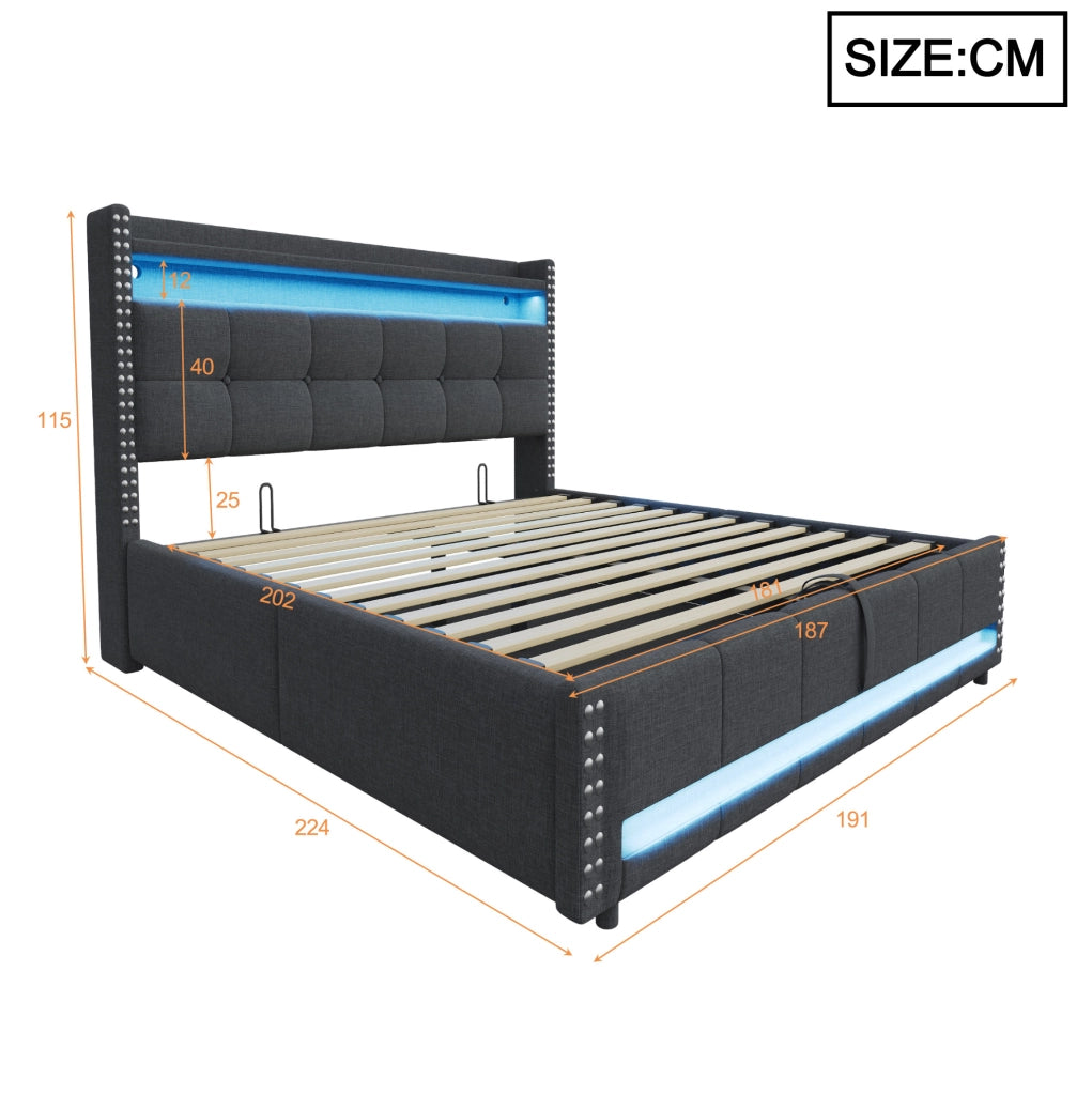 Letto matrimoniale 180x200 cm con contenitore idraulico, LED e USB in tessuto di lino grigio