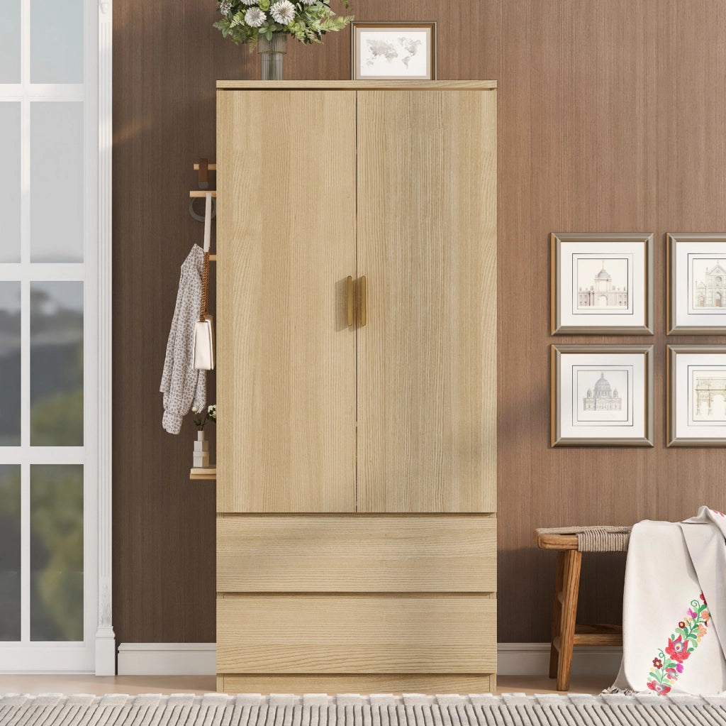 Armadio multifunzionale 70x50x170 cm con pannello forato laterale, cassetti nascosti e spazio appendiabiti, colore legno