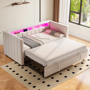 Divano letto 90 × 190 cm estraibile con LED regolabili; USB Type-C; rivestimento in velluto beige e ripiano