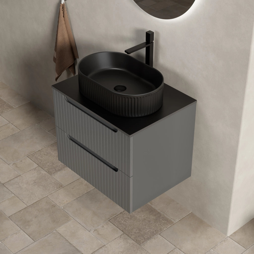 Mobile lavabo sospeso 60 cm, nero con lavandino ovale e piano in pietra sinterizzata, mobile in compensato striato con 2 cassetti, grigio scuro, preassemblato