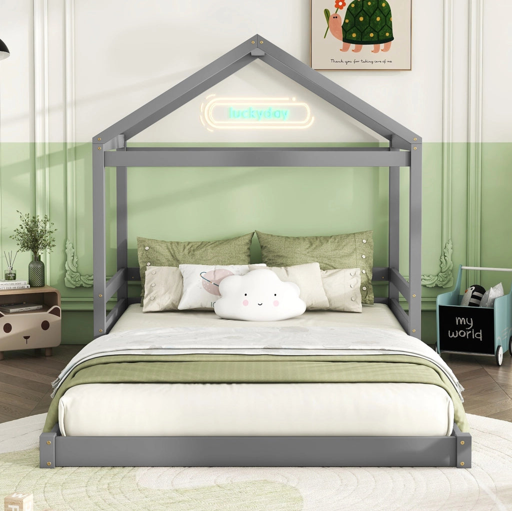 LETTO a casetta 140x200 cm in legno di pino e MDF grigio con rete a doghe