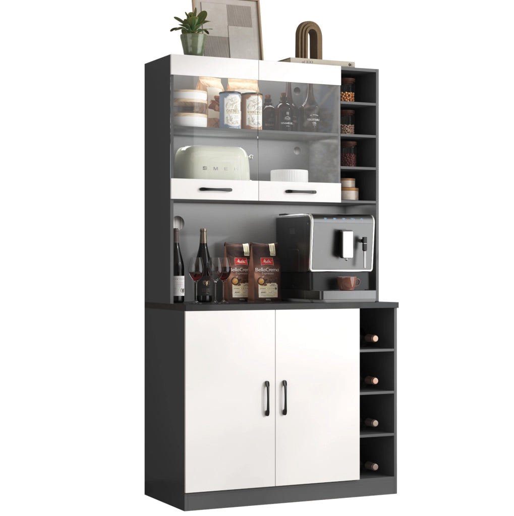 Credenza cucina 100x47x187 cm con LED, vano microonde, ante in vetro e ripiani regolabili