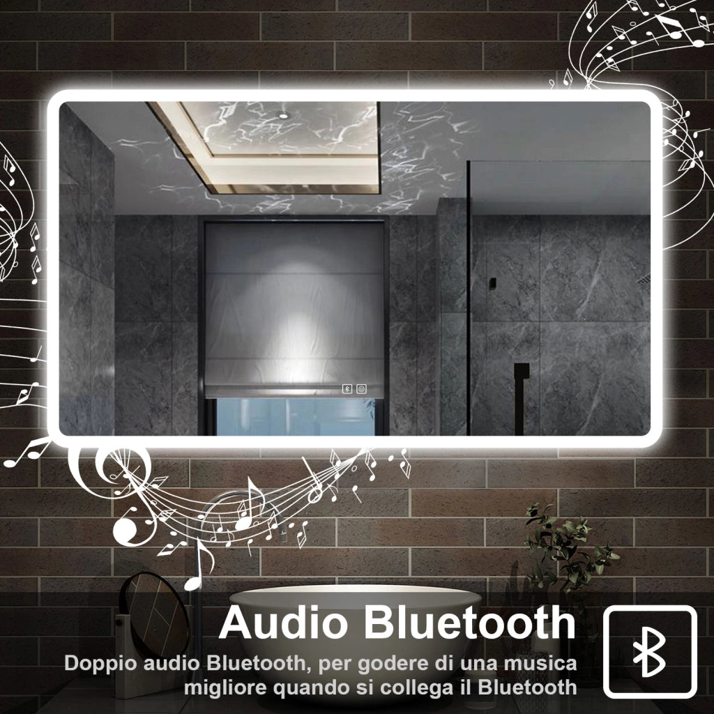 specchio rettangolare 100 x 60 cm con luce led a 3 colori, antiappannamento e touch, bluetooth