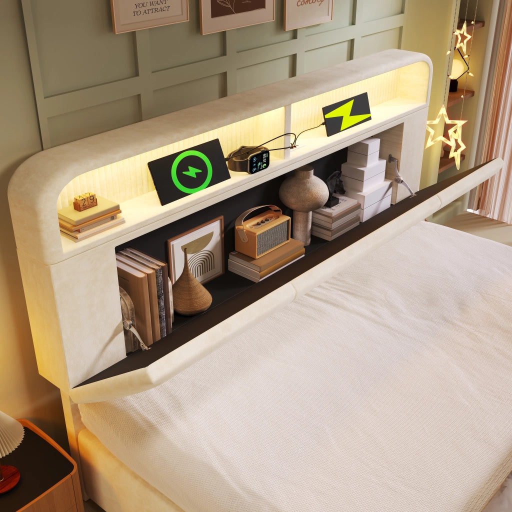 Letto contenitore 180 × 200 cm con testiera regolabile LED USB e Type-C rivestito in velluto beige